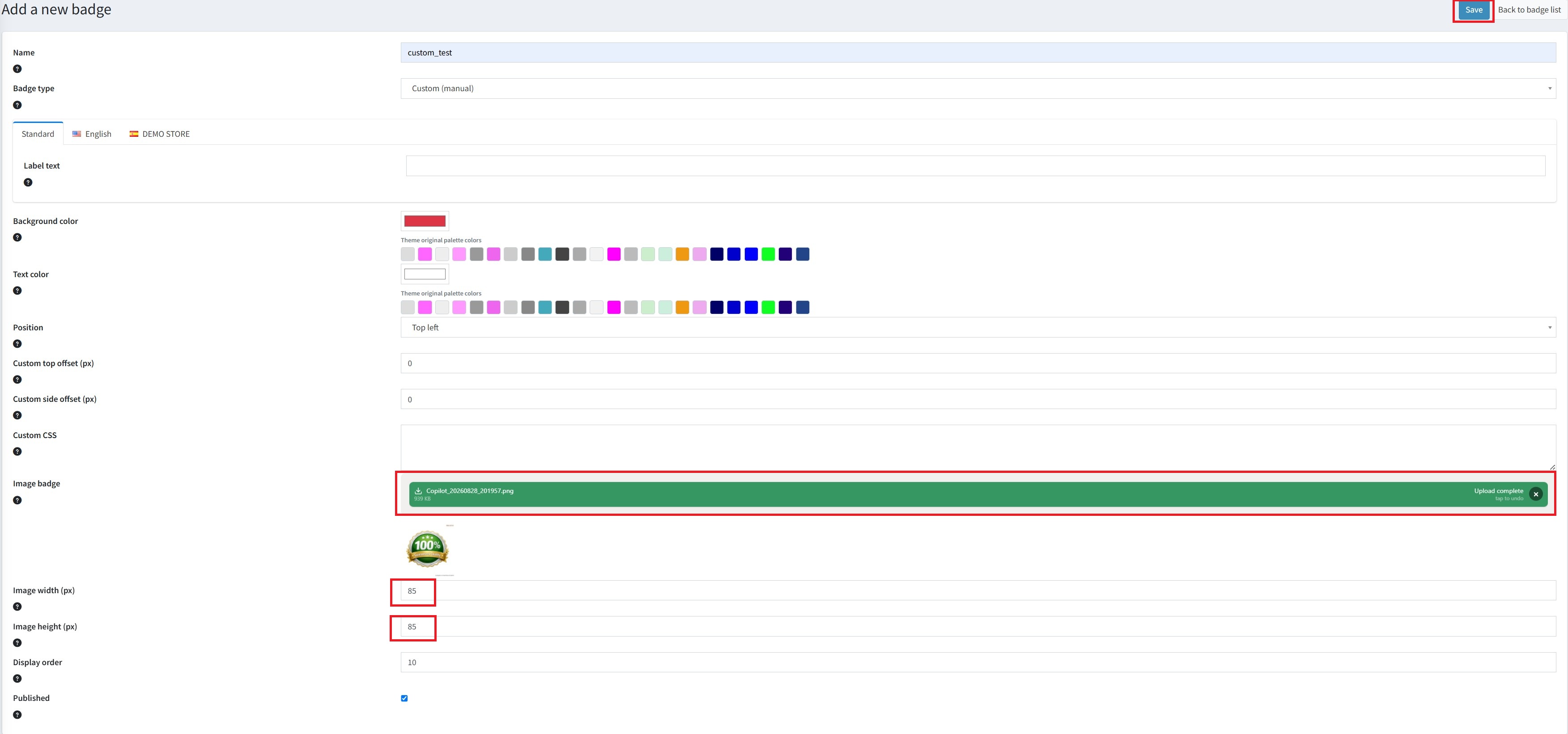 Configure the custom badge