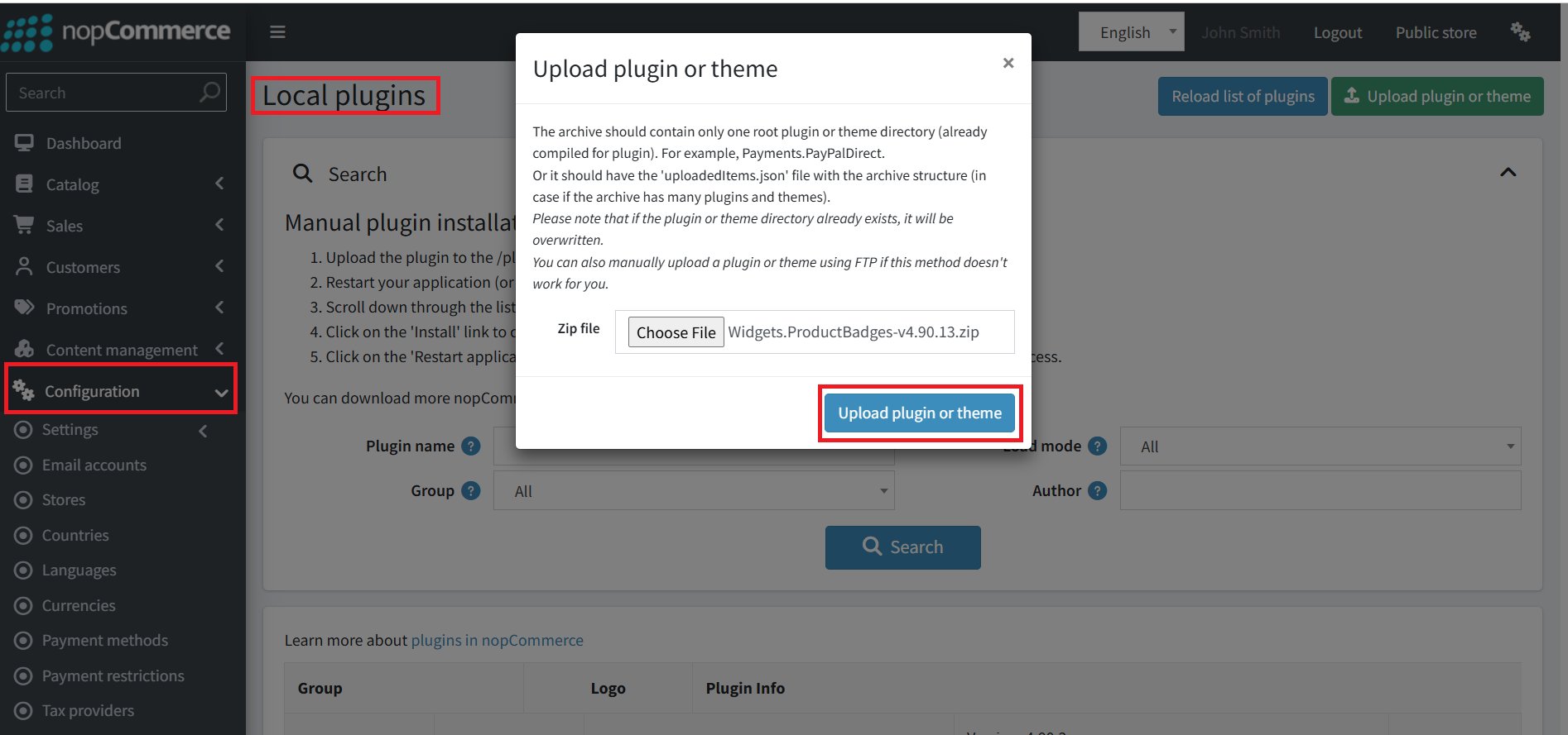 Upload the Product Badges plugin