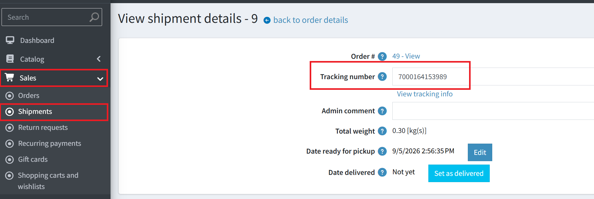 Shipment with tracking number marked ready for pickup